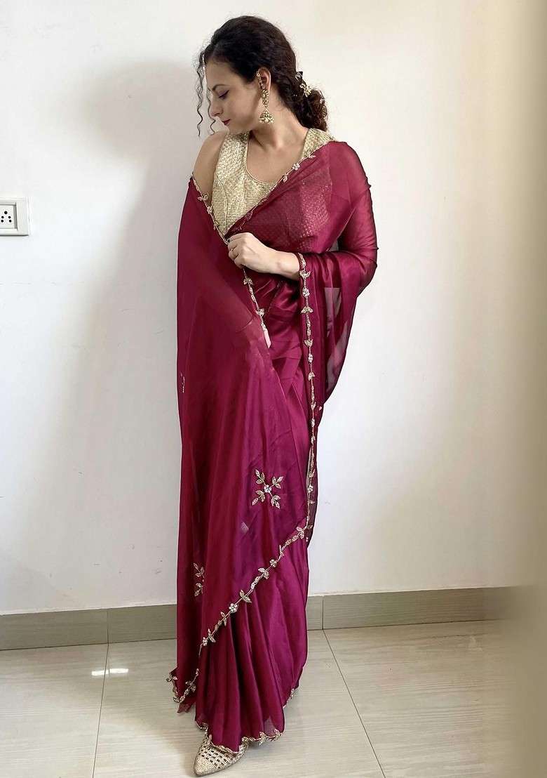 Magenta Embroidered Blended Saree Set - Indya