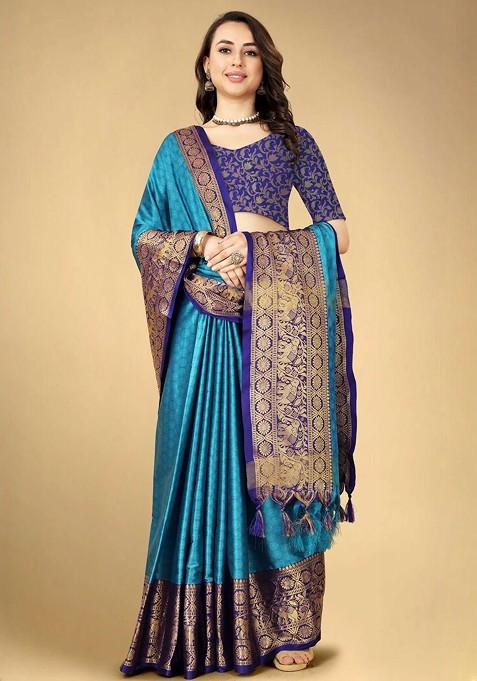 Blue Jacquard Blended Saree Set — view on Indya