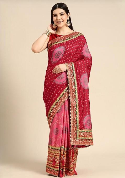 Pink Printed Blended Saree Set