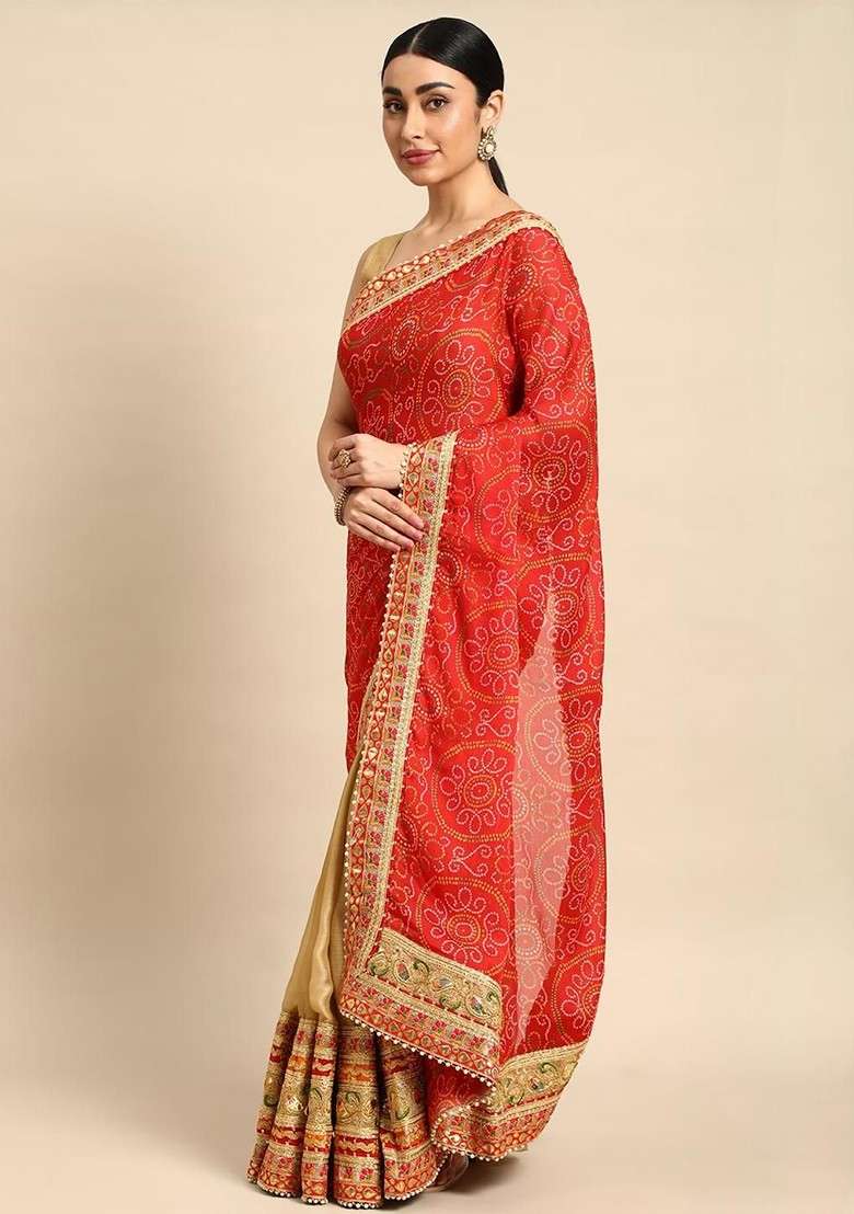 Beige Blended Saree Set with Printed for Diwali | Wedding & Festive Wear - Indya