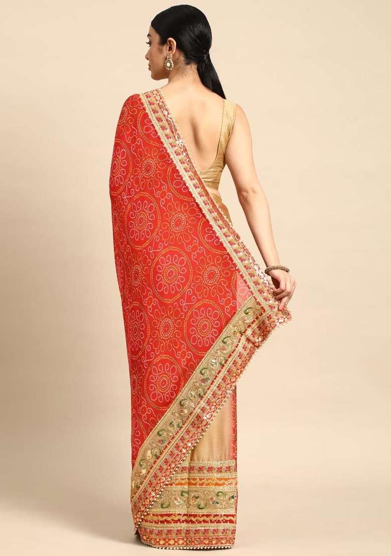 Beige Blended Saree Set with Printed for Diwali | Wedding & Festive Wear - Indya