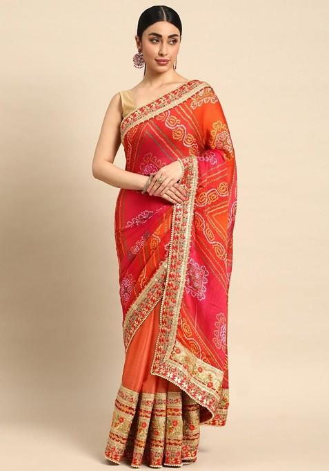 Peach Printed Blended Saree Set — view on Indya
