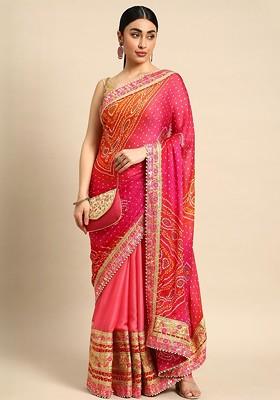 Peach Printed Blended Saree Set