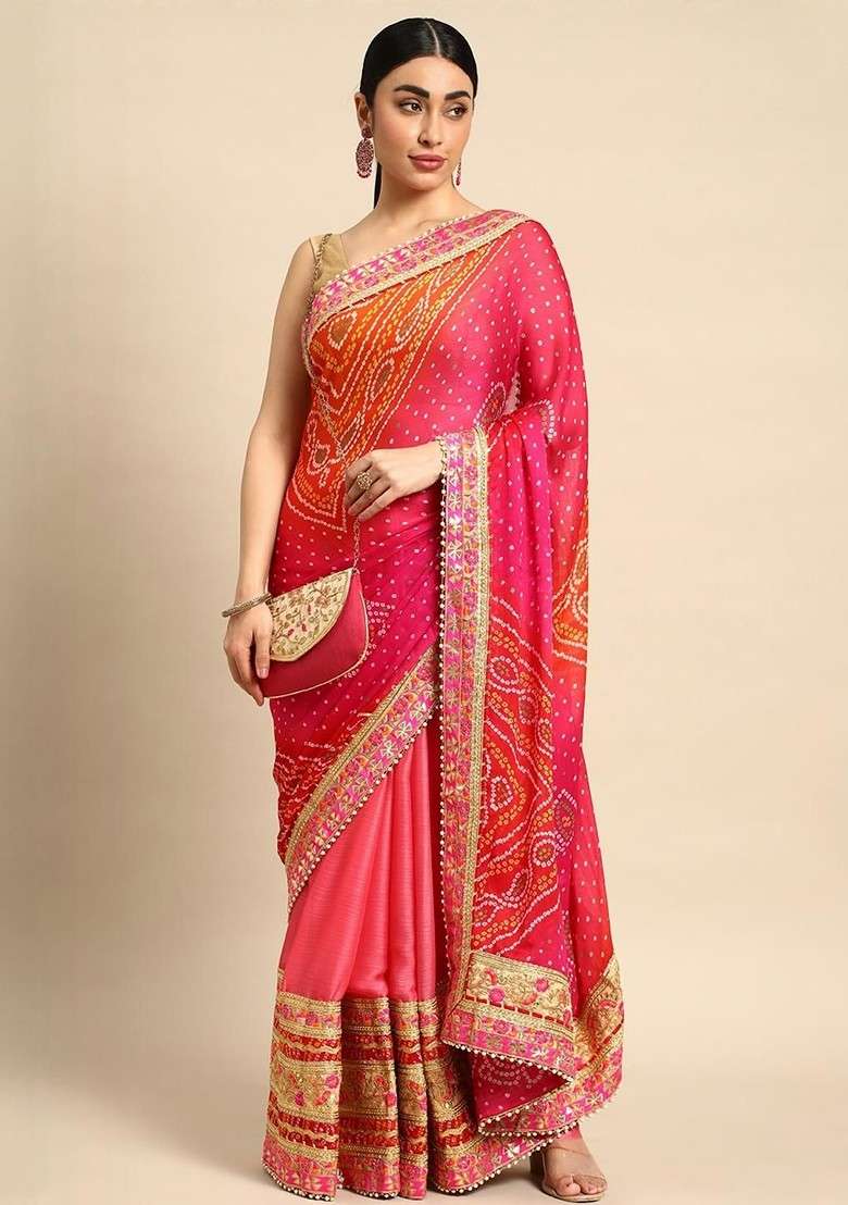 Peach Blended Saree Set with Printed for Diwali | Wedding & Festive Wear - Indya