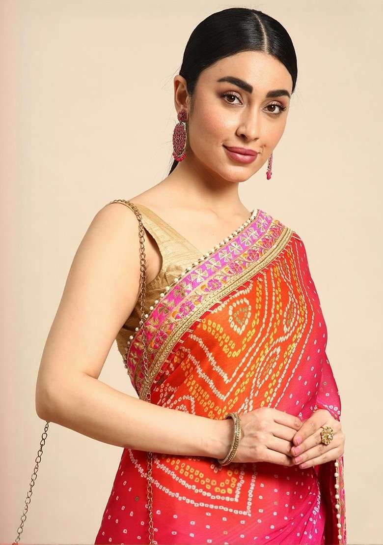 Peach Blended Saree Set with Printed for Diwali | Wedding & Festive Wear - Indya