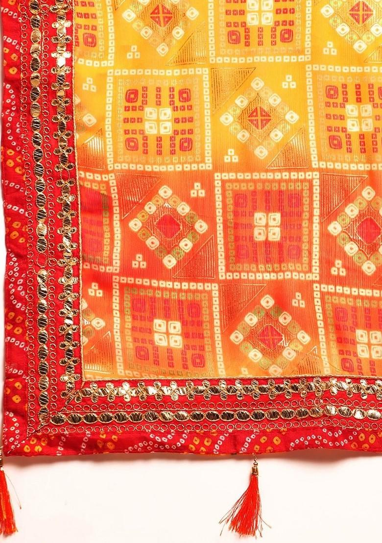 Yellow Printed Blended Saree Set