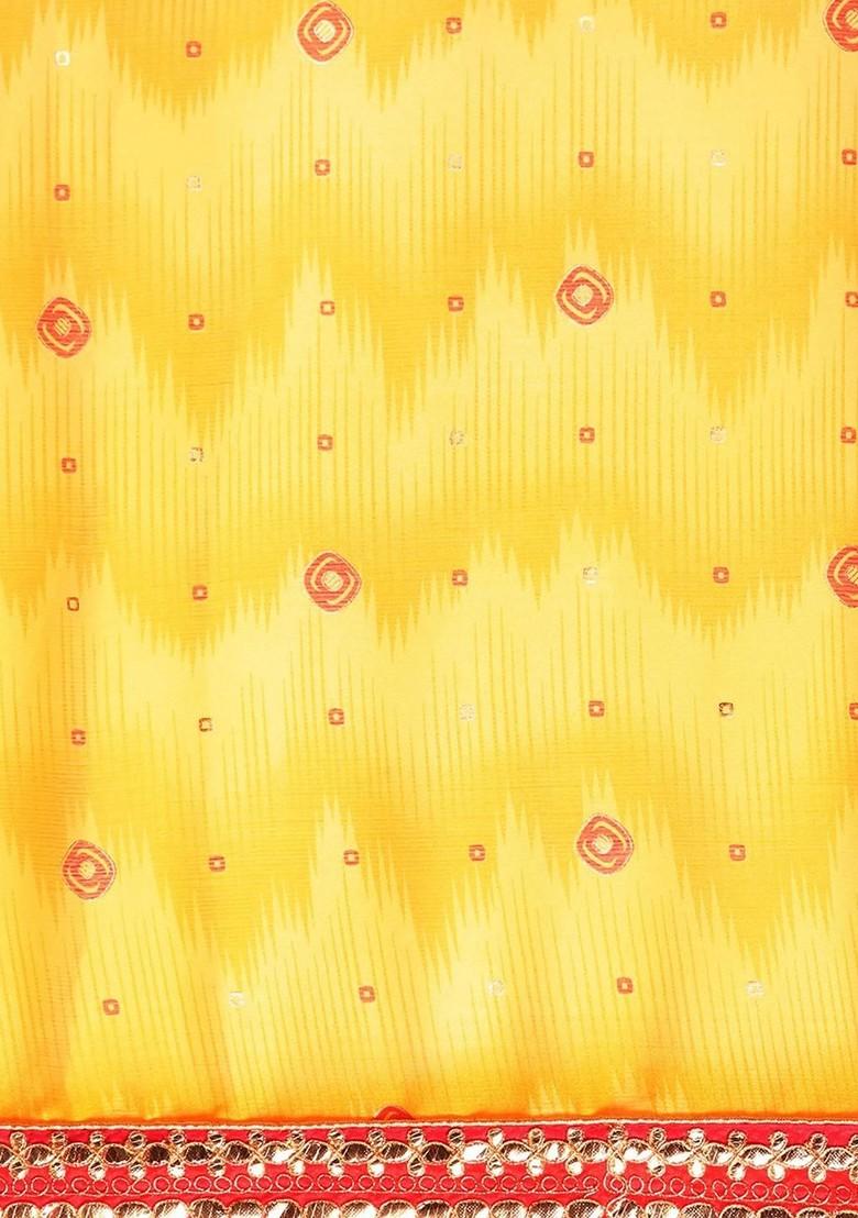 Yellow Printed Blended Saree Set