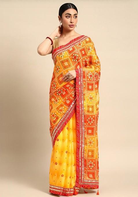 Yellow Printed Blended Saree Set