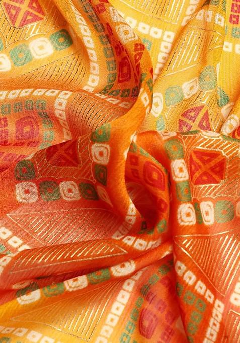 Yellow Printed Blended Saree Set