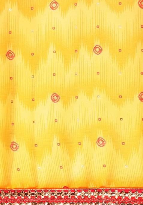 Yellow Printed Blended Saree Set