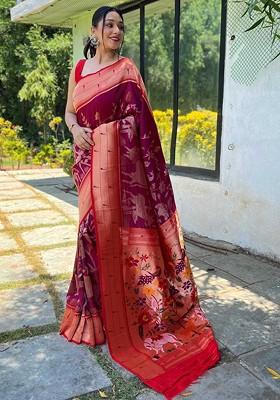Magenta Embroidered Blended Saree Set
