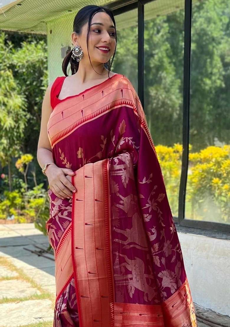 Magenta Embroidered Blended Saree Set for Diwali and Festive Wear - Indya