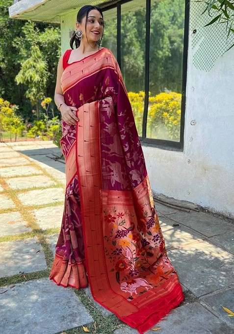 Magenta Embroidered Blended Saree Set for Diwali and Festive Wear