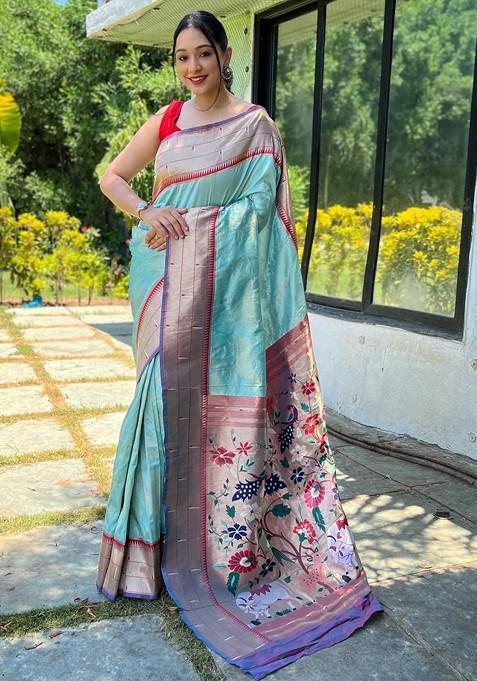 Blue Embroidered Blended Saree Set