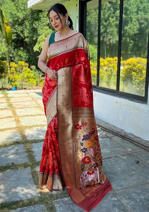 Red Embroidered Blended Saree Set — view on Indya