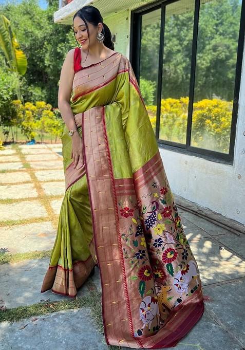 Green Embroidered Blended Saree Set