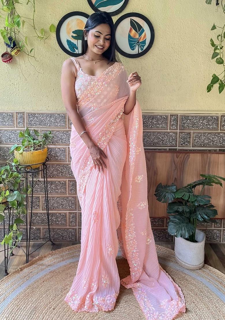 Peach Embellished Blended Saree Set