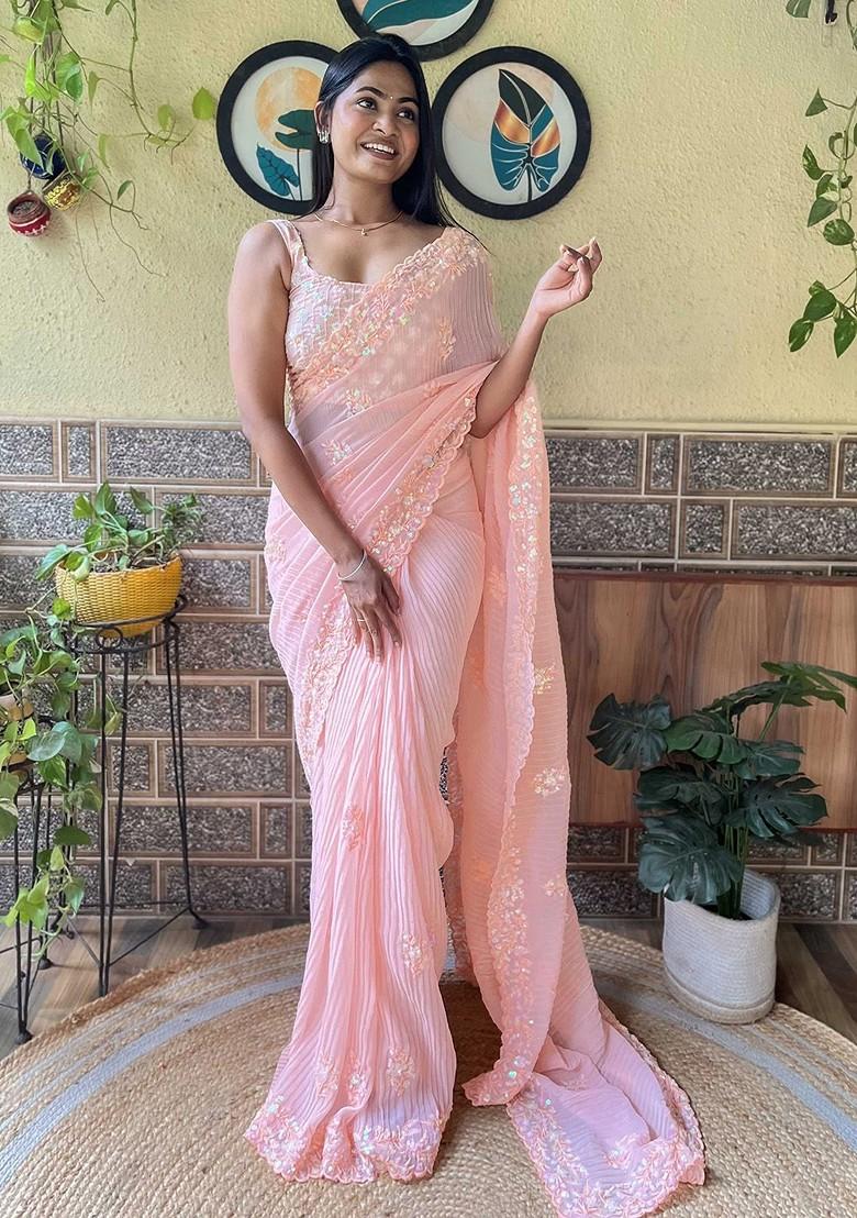 Peach Embellished Blended Saree Set