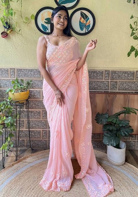 Peach Embellished Blended Saree Set