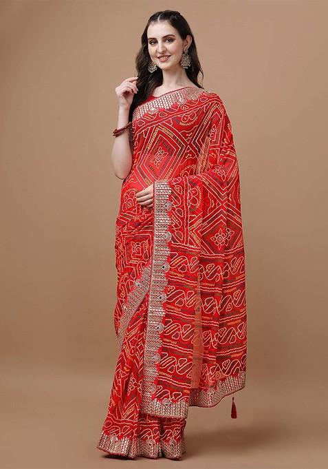 Red Printed Blended Saree Set