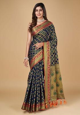 Navy Blue Embroidered Blended Saree Set