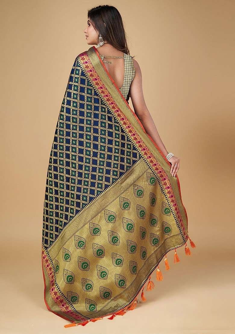 Navy Blue Embroidered Blended Saree Set for Diwali and Festive Wear - Indya