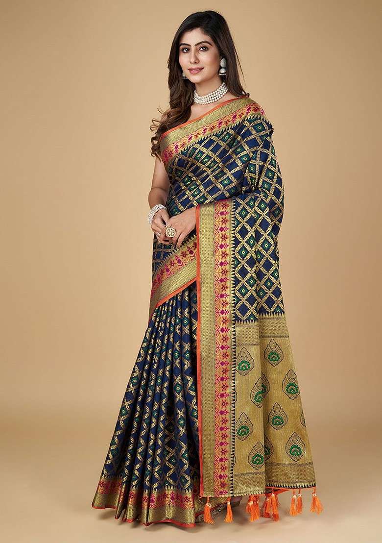 Navy Blue Embroidered Blended Saree Set for Diwali and Festive Wear - Indya