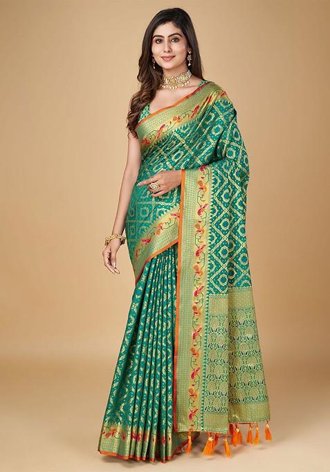 Teal Embroidered Blended Saree Set