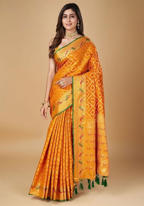 Orange Embroidered Blended Saree Set — view on Indya