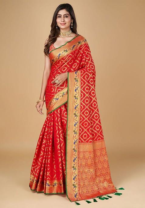 Red Embroidered Blended Saree Set — view on Indya