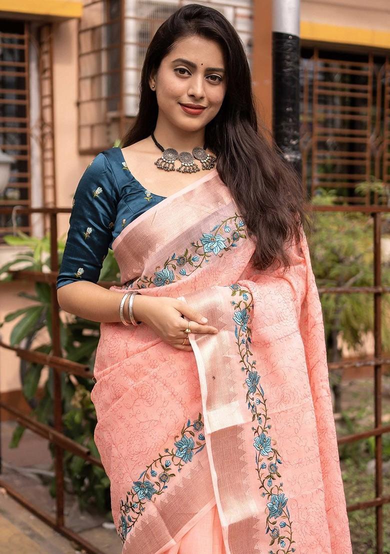 Peach Embroidered Blended Saree Set