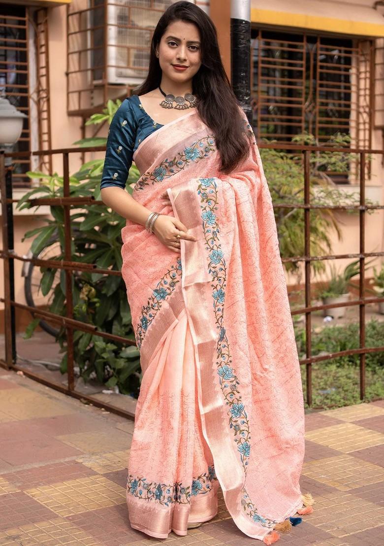 Peach Embroidered Blended Saree Set