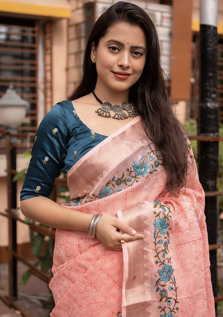 Peach Embroidered Blended Saree Set