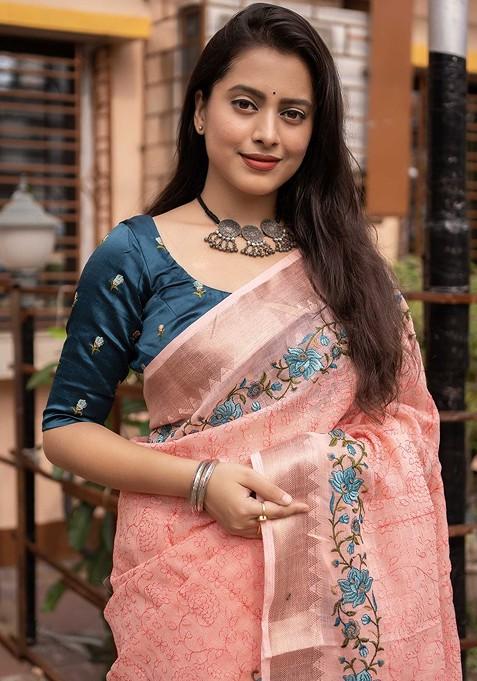 Peach Embroidered Blended Saree Set