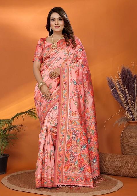 Peach Embroidered Blended Saree Set