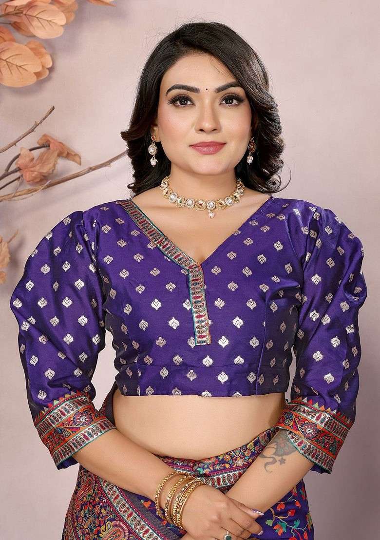 Purple Embroidered Blended Saree Set for Diwali and Festive Wear - Indya
