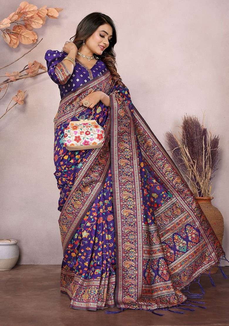 Purple Embroidered Blended Saree Set for Diwali and Festive Wear - Indya
