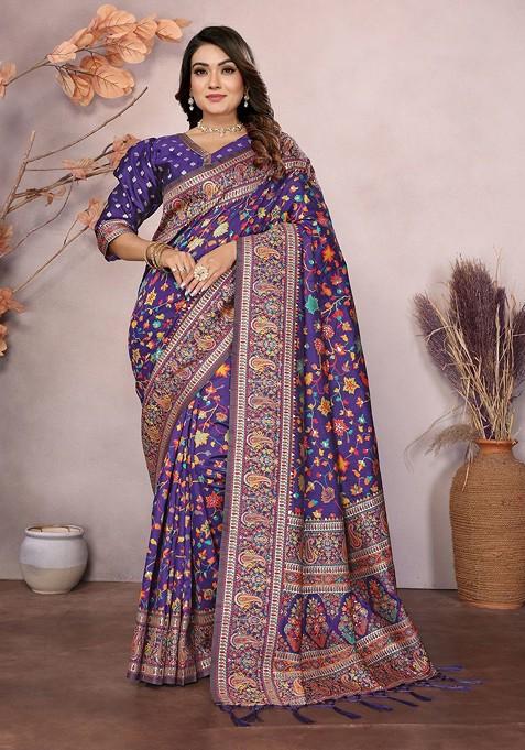Purple Embroidered Blended Saree Set