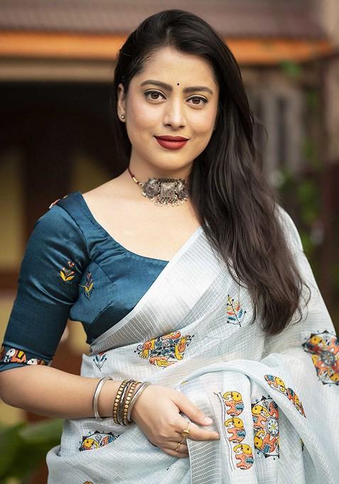 White Embroidered Blended Saree Set