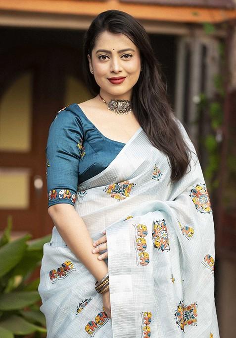 White Embroidered Blended Saree Set