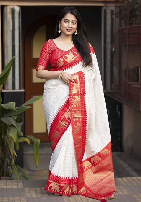 Red Embroidered Blended Saree Set — view on Indya