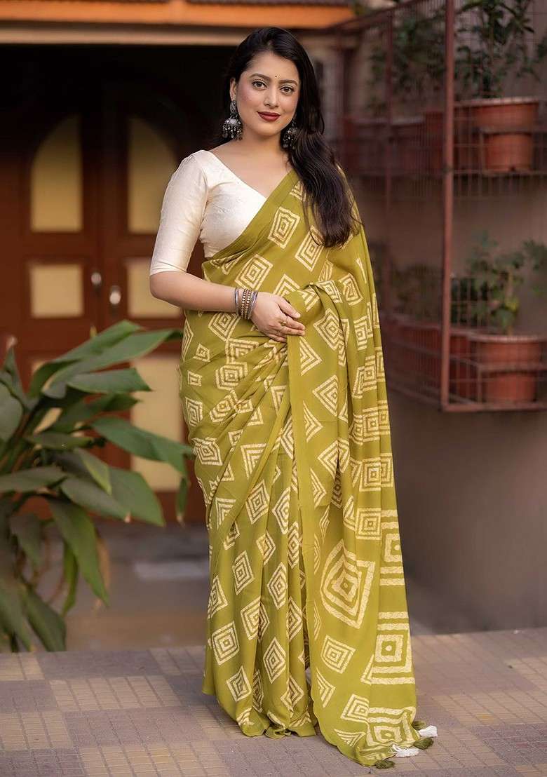 Lime Green Printed Blended Saree Set - Indya