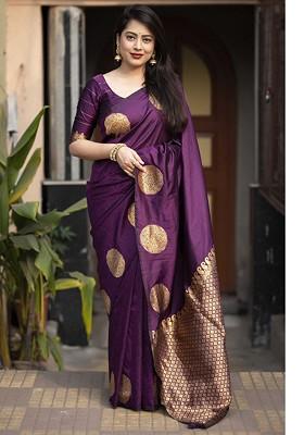 Purple Embroidered Blended Saree Set