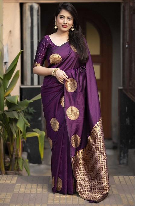 Purple Embroidered Blended Saree Set