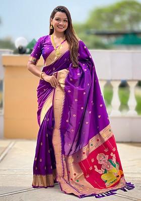 Purple Embroidered Blended Saree Set