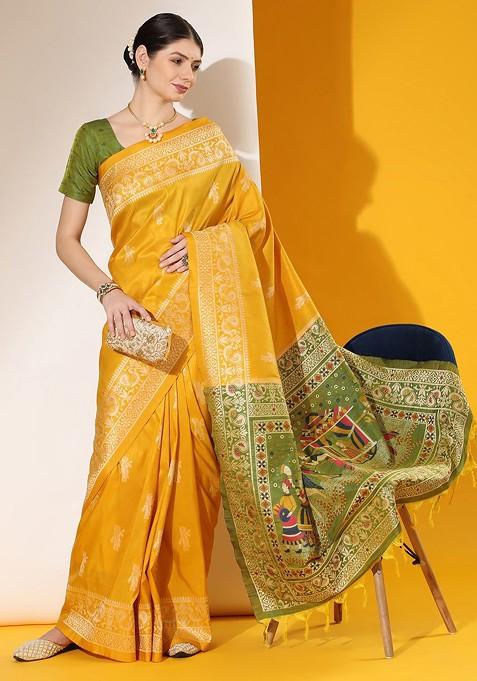 Yellow Embroidered Blended Saree Set
