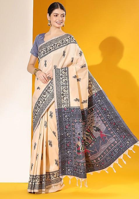 Cream Embroidered Blended Saree Set — view on Indya