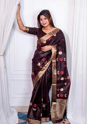 Coffee Brown Embroidered Blended Saree Set
