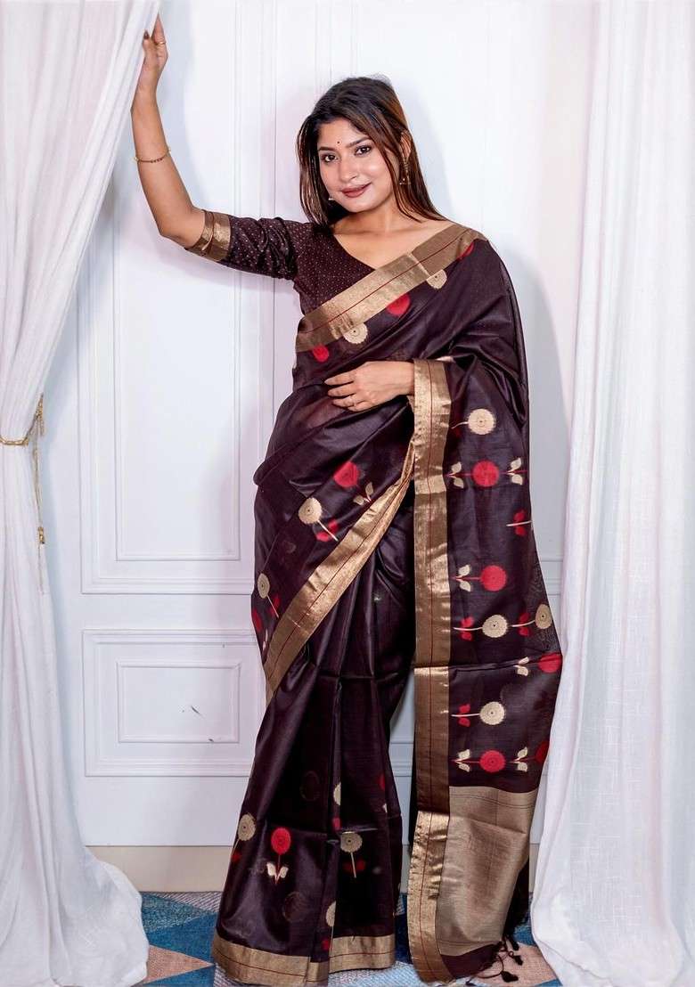 Coffee Brown Embroidered Blended Saree Set - Indya