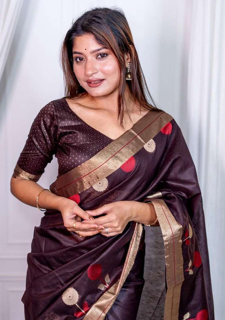 Coffee Brown Embroidered Blended Saree Set - Indya